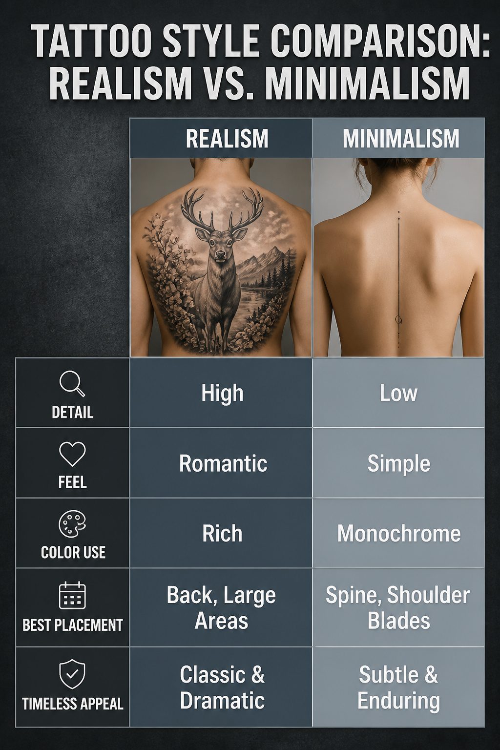 7 Back Tattoo Ideas for Women: Floral to Abstract Designs 2026 10 Infographic comparing realism and minimalism in tattoo styles.