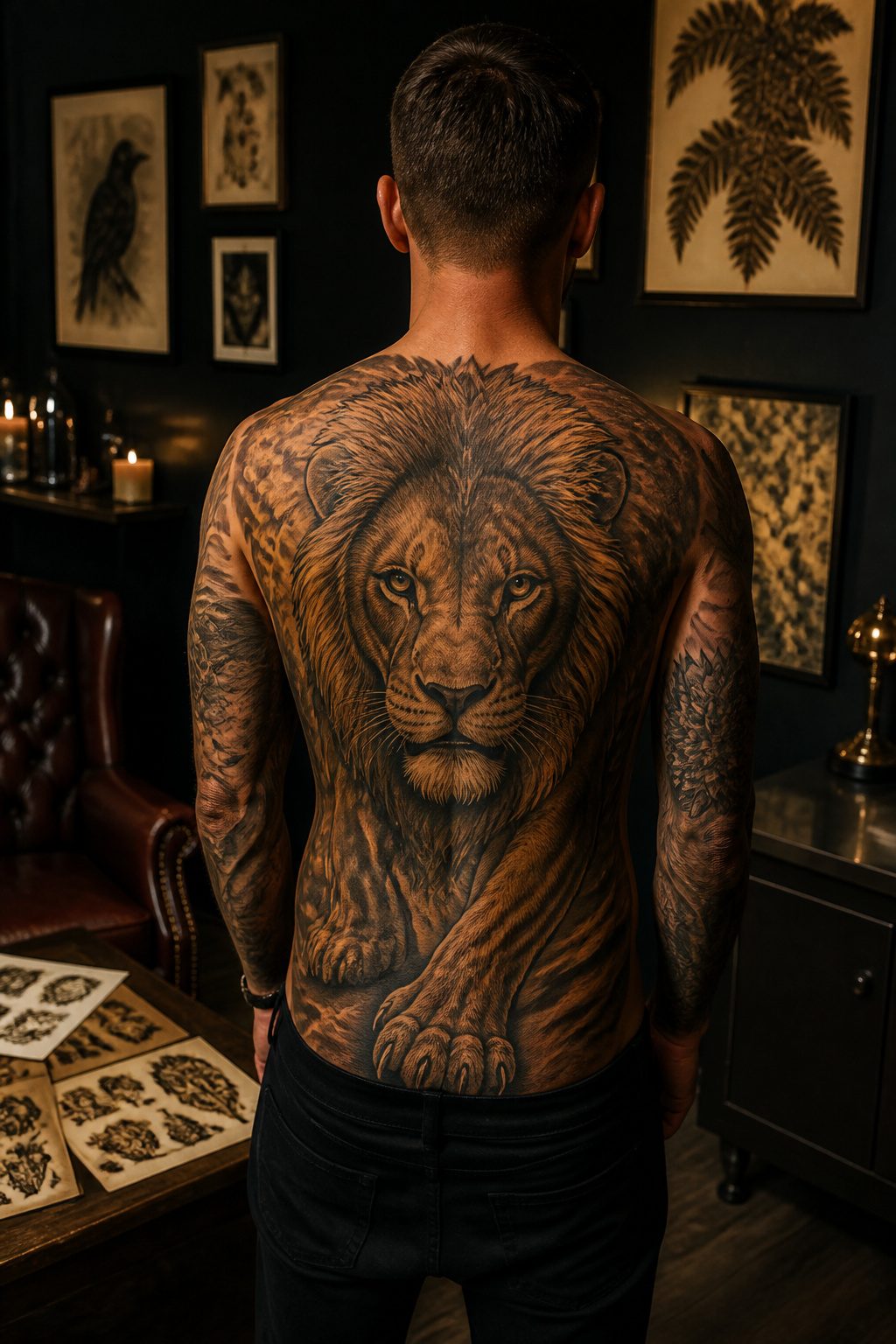 10 Back Tattoos for Guys: Styles, Placements & What to Expect in 2026 3 A large lion tattoo on a man's back.