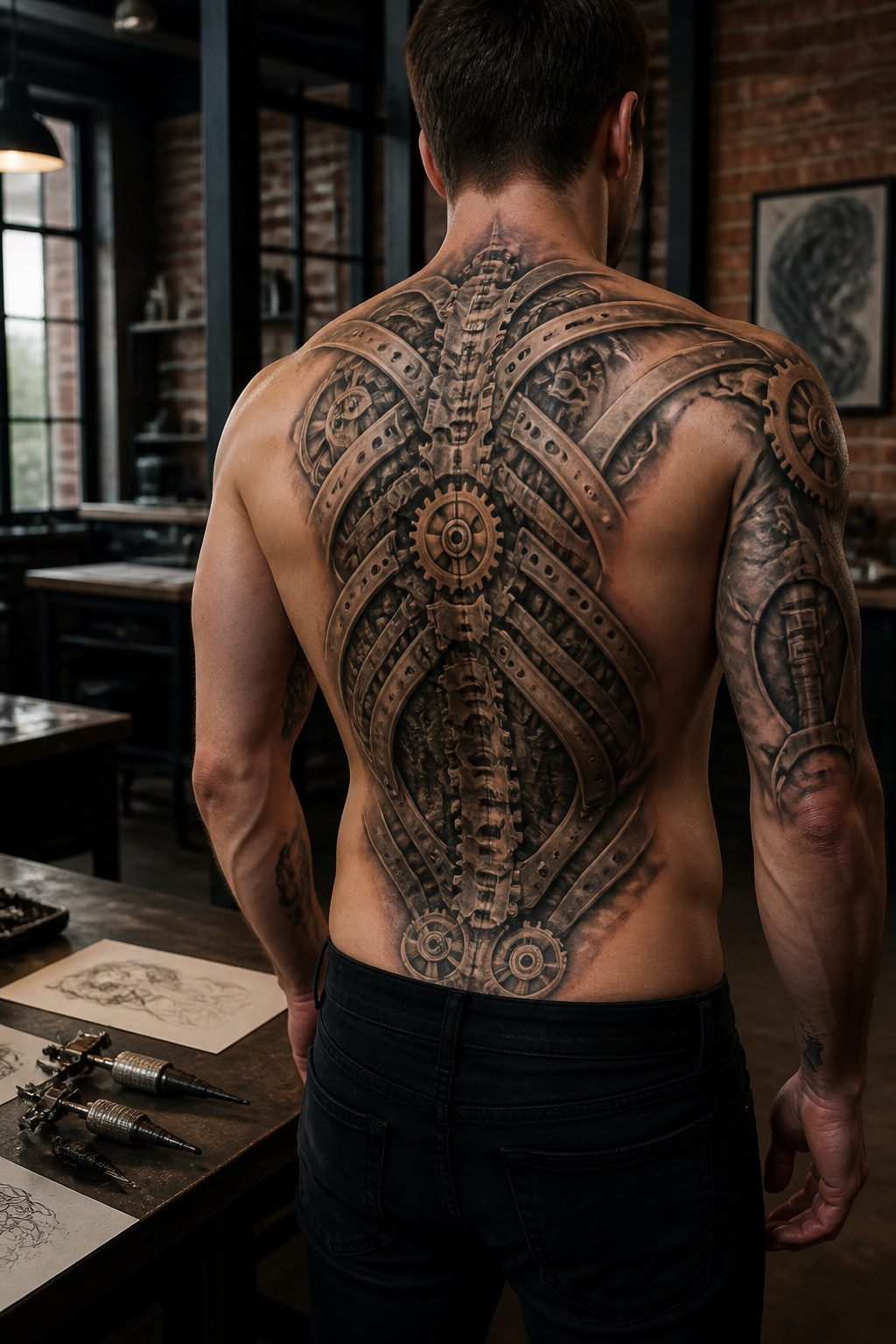 10 Back Tattoos for Guys: Styles, Placements & What to Expect in 2026 5 A biomechanical tattoo featuring gears on a man's back.