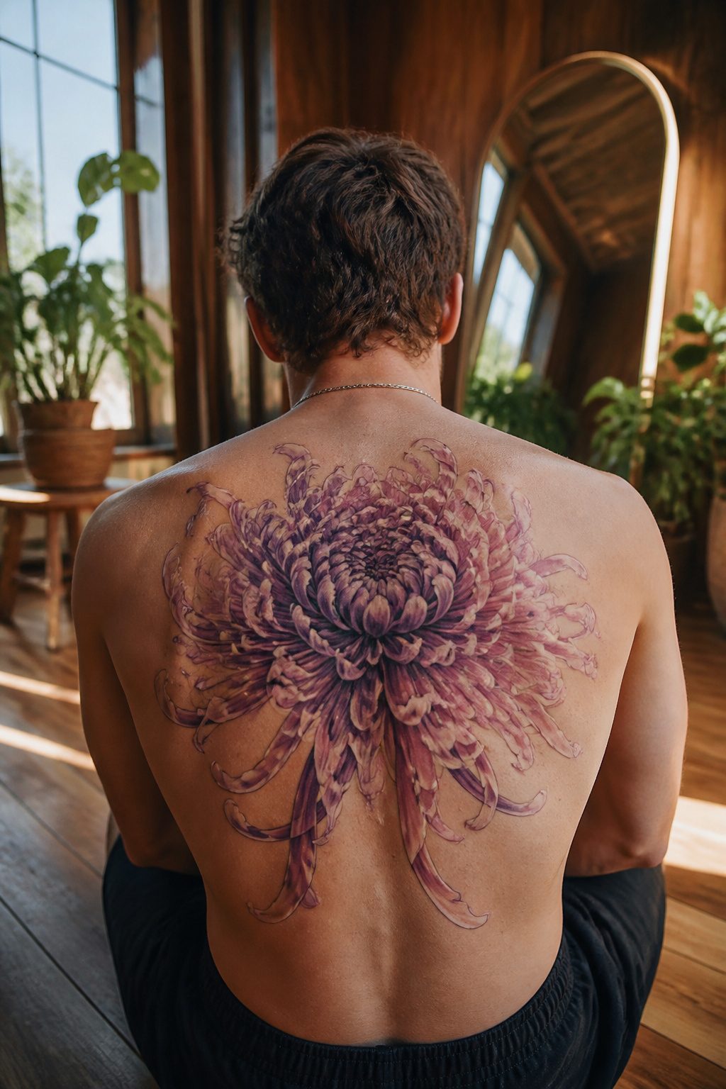 10 Back Tattoos for Guys: Styles, Placements & What to Expect in 2026 4 A large chrysanthemum tattoo on a man's back.