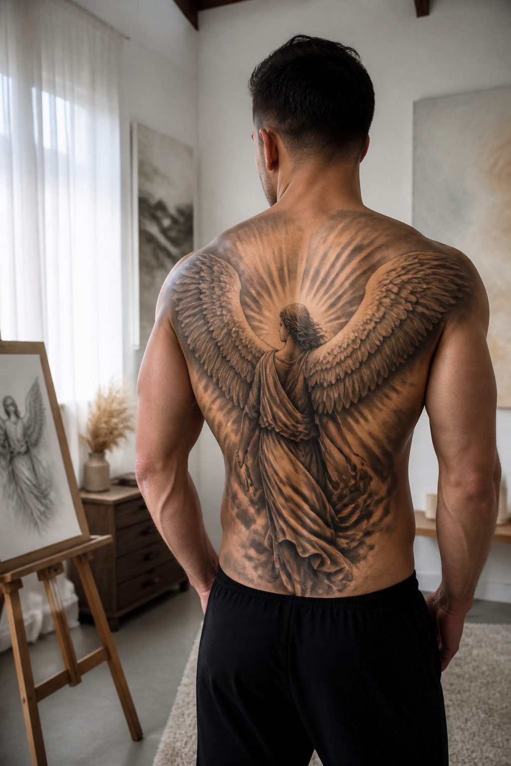 10 Back Tattoos for Guys: Styles, Placements & What to Expect in 2026 9 A full back tattoo of a guardian angel with wings.