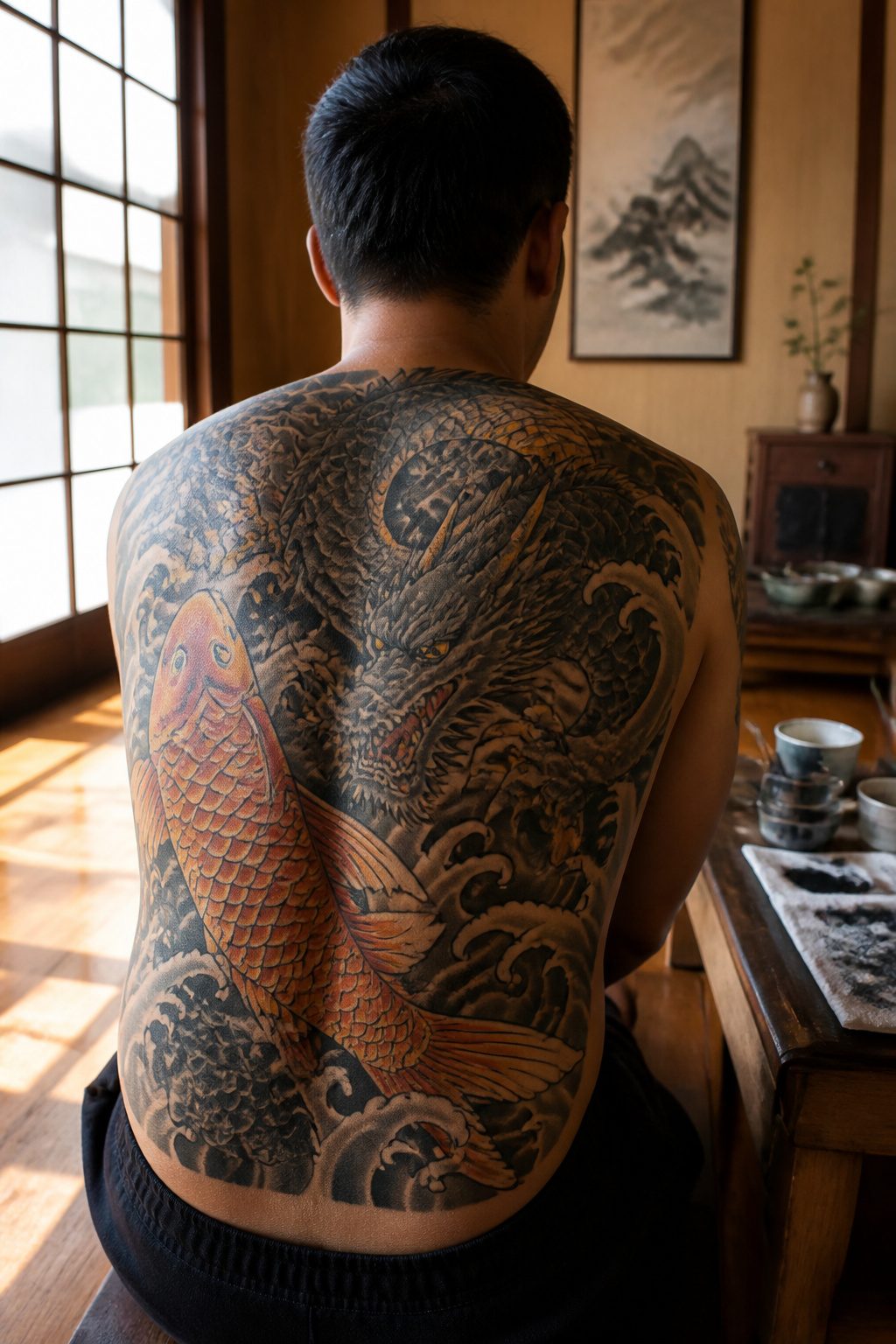 10 Back Tattoos for Guys: Styles, Placements & What to Expect in 2026 2 A colorful Japanese Irezumi tattoo depicting a koi fish and dragon.