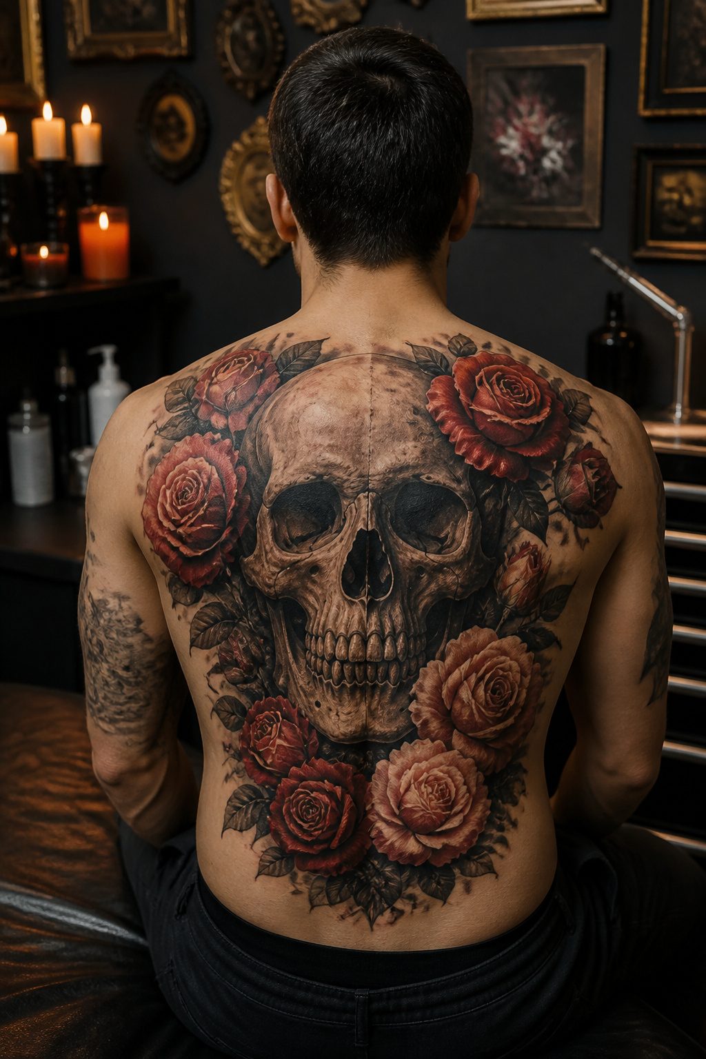 10 Back Tattoos for Guys: Styles, Placements & What to Expect in 2026 8 A skull tattoo with roses on a man's upper back.