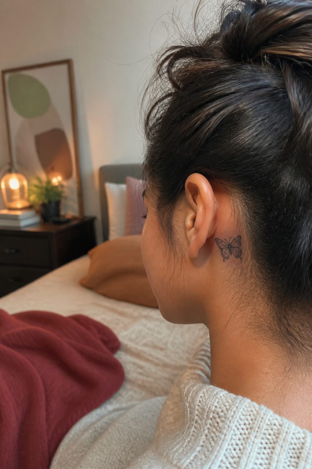 Butterfly tattoo behind a model's ear with detailed wings.