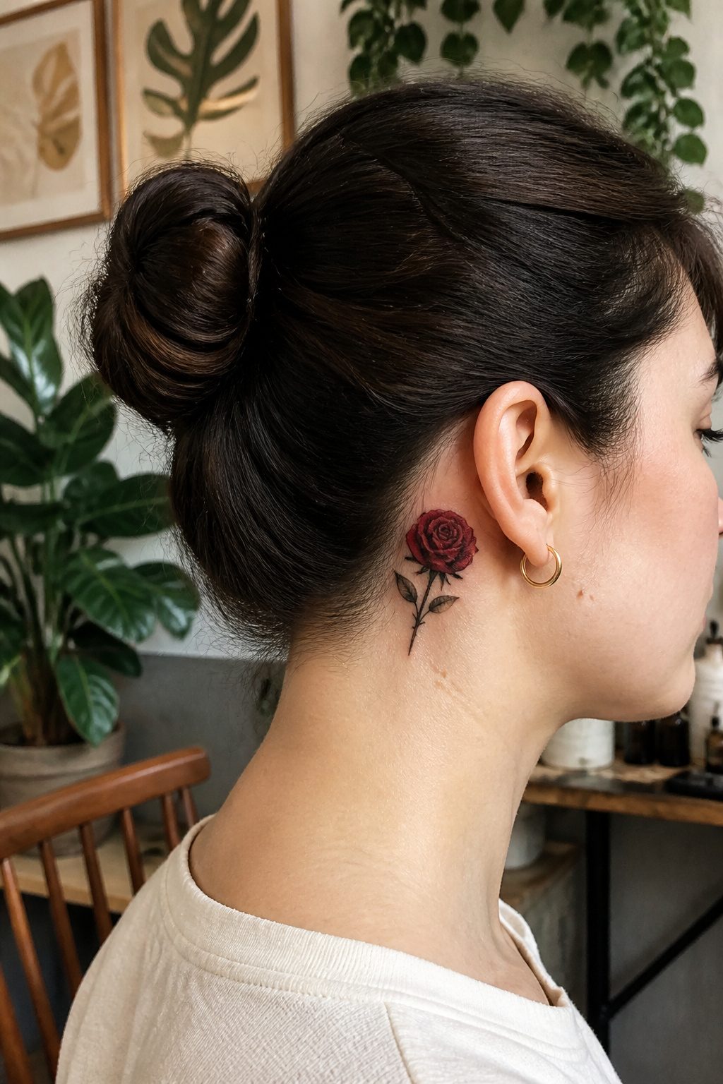 Red rose tattoo behind a model's ear with a black stem.