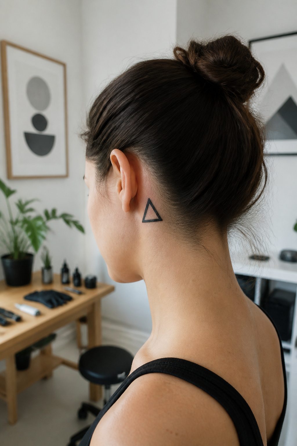 Triangle tattoo in black ink behind a model's ear.