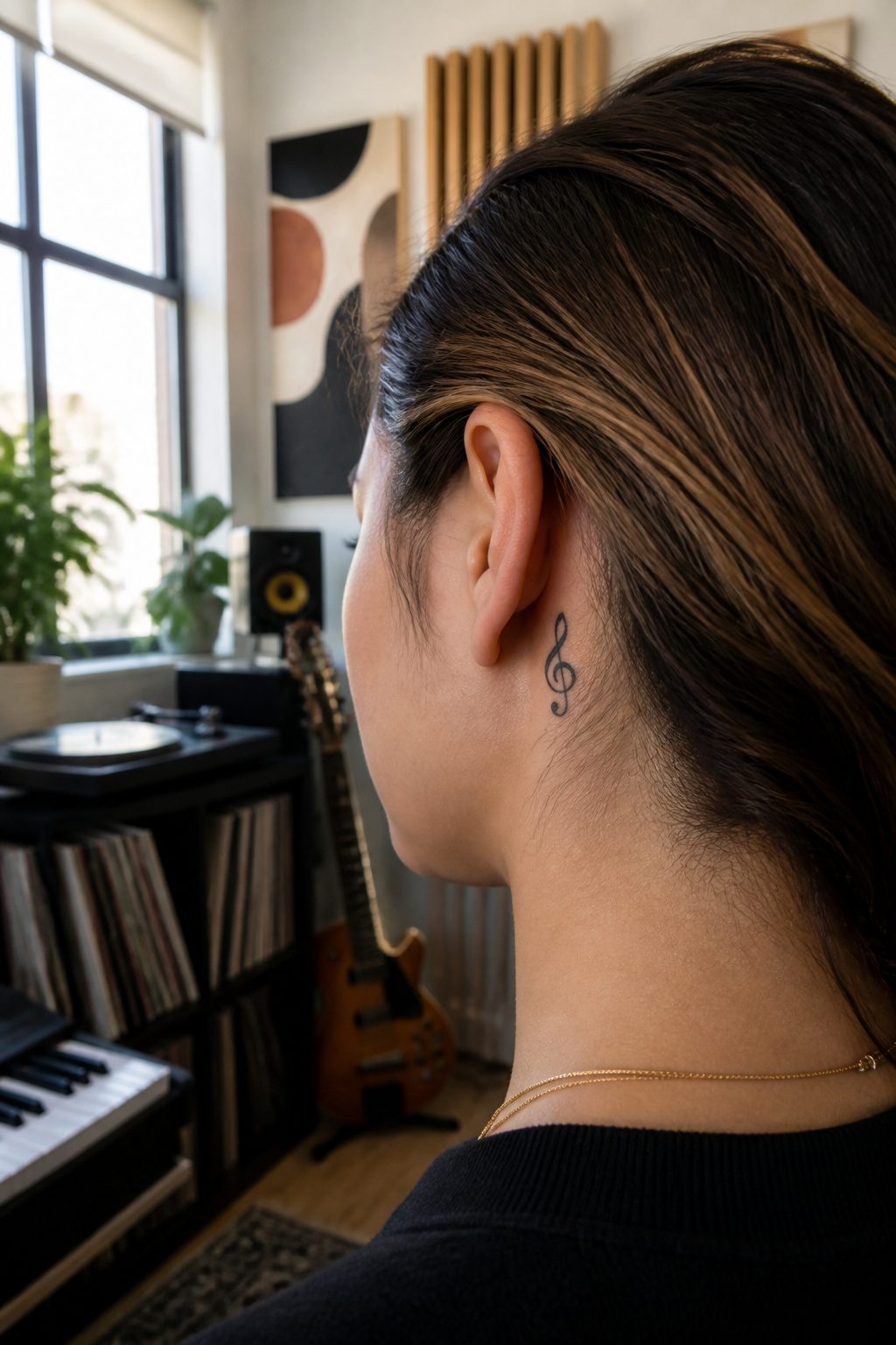 Black treble clef tattoo behind a model's ear.