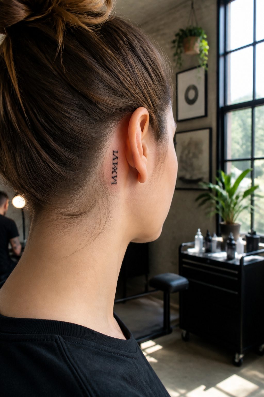 Roman numeral tattoo 'MMXVI' behind a model's ear.
