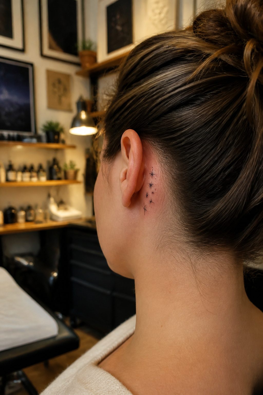 Small black stars tattooed behind a model's ear.
