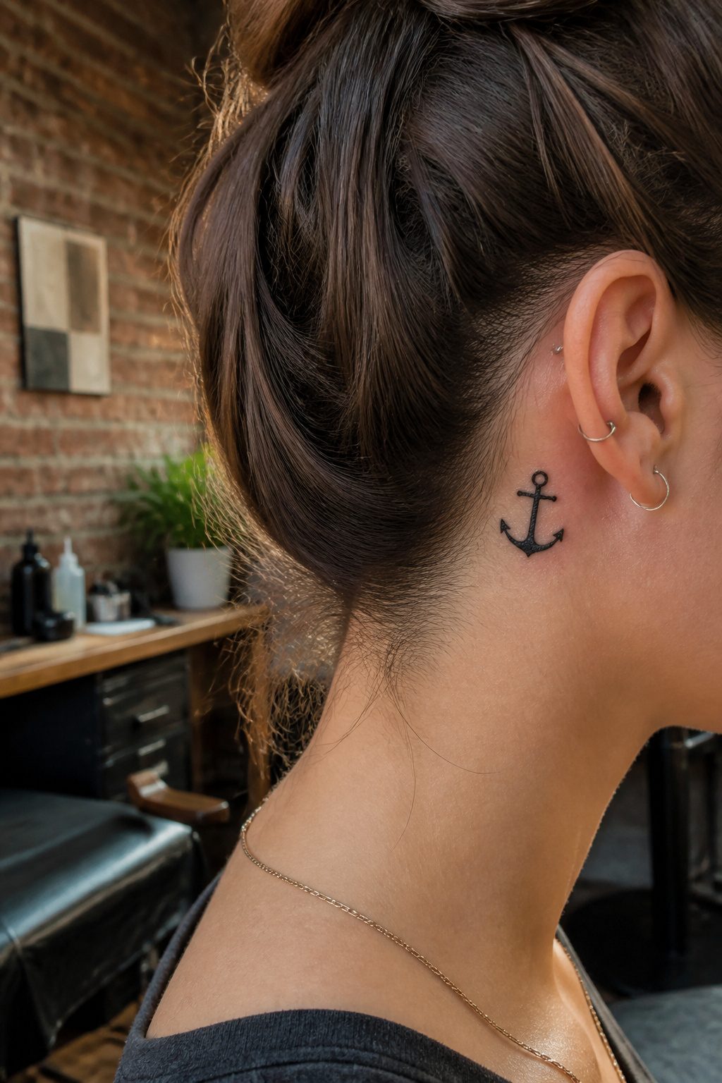 Black anchor tattoo behind a model's ear.