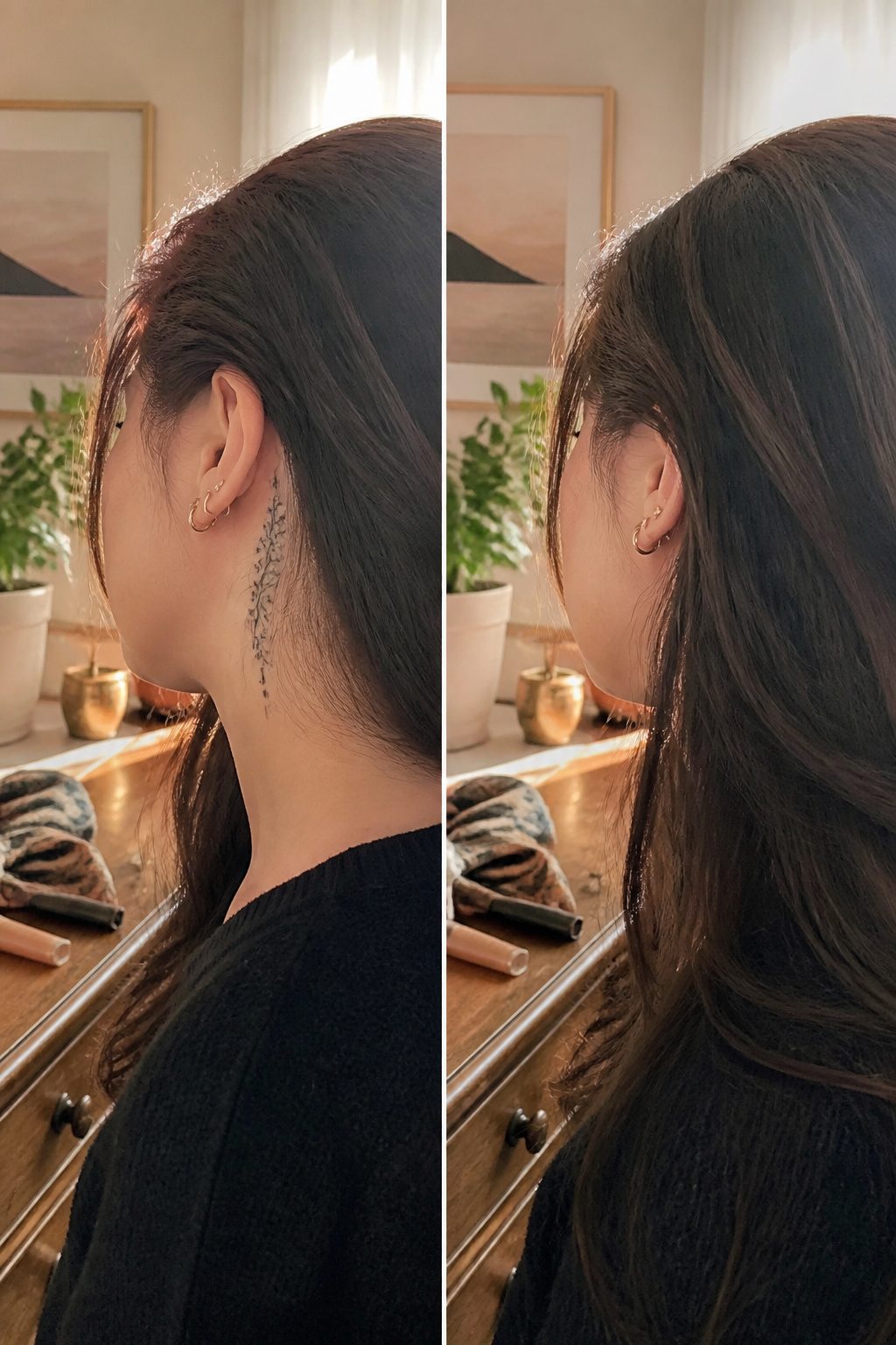 Visual explaining visibility of behind the ear tattoos with hair.