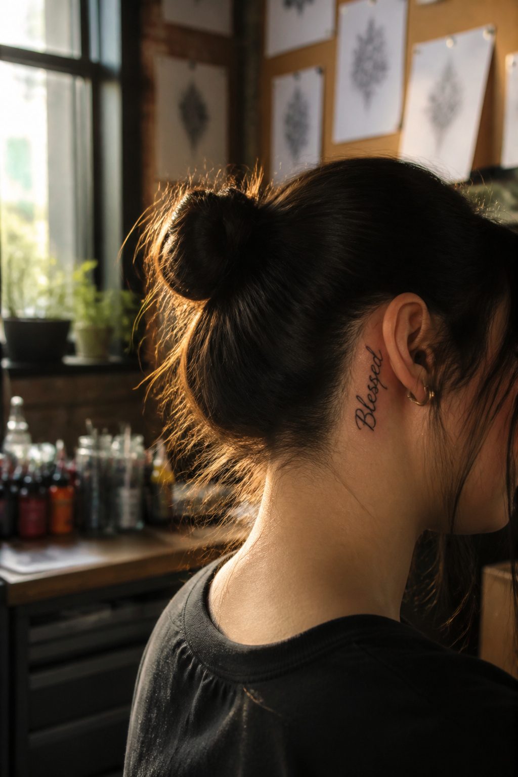 Black script tattoo of the word 'Blessed' behind a model's ear.