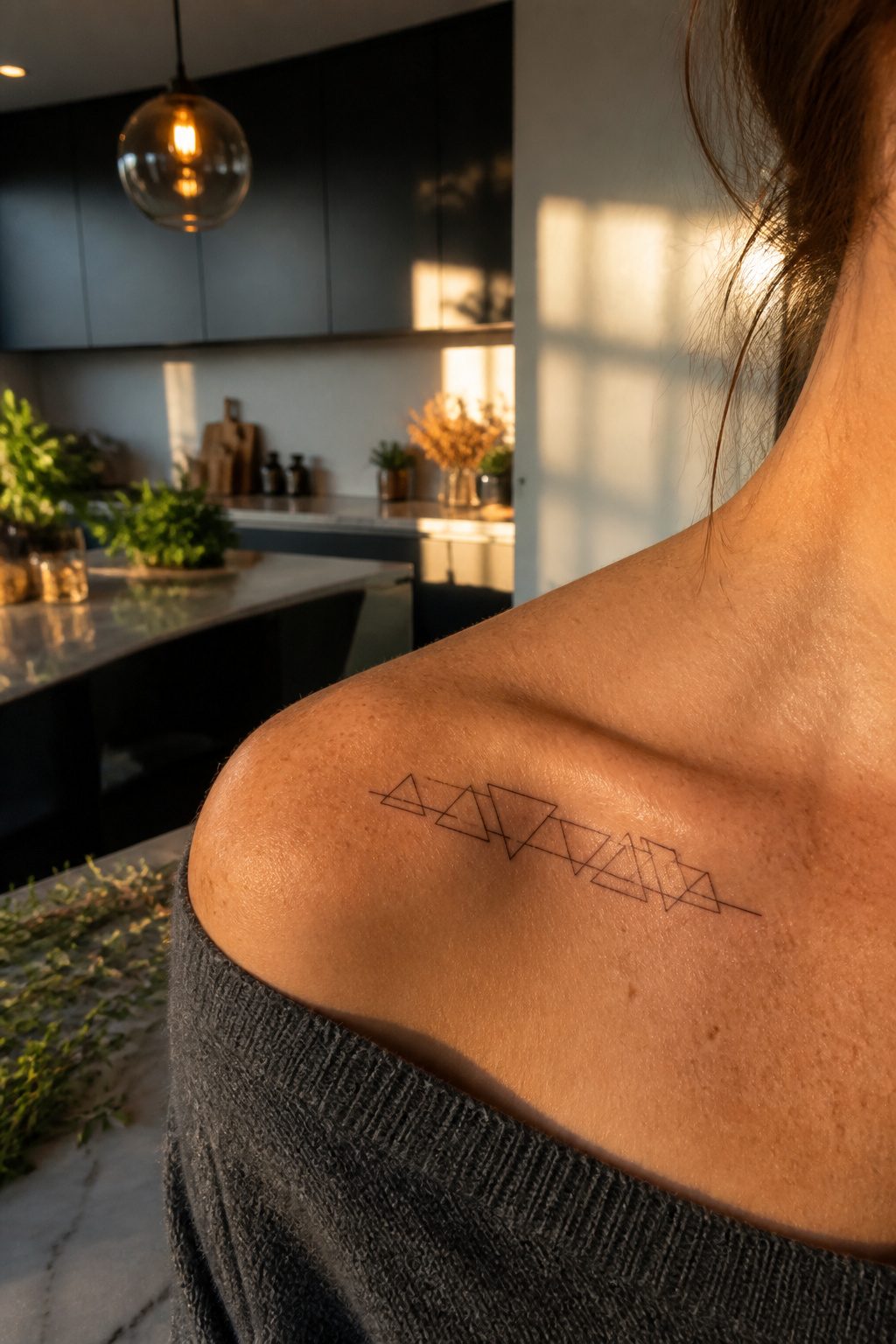 A geometric tattoo of triangles traced along the collarbone.