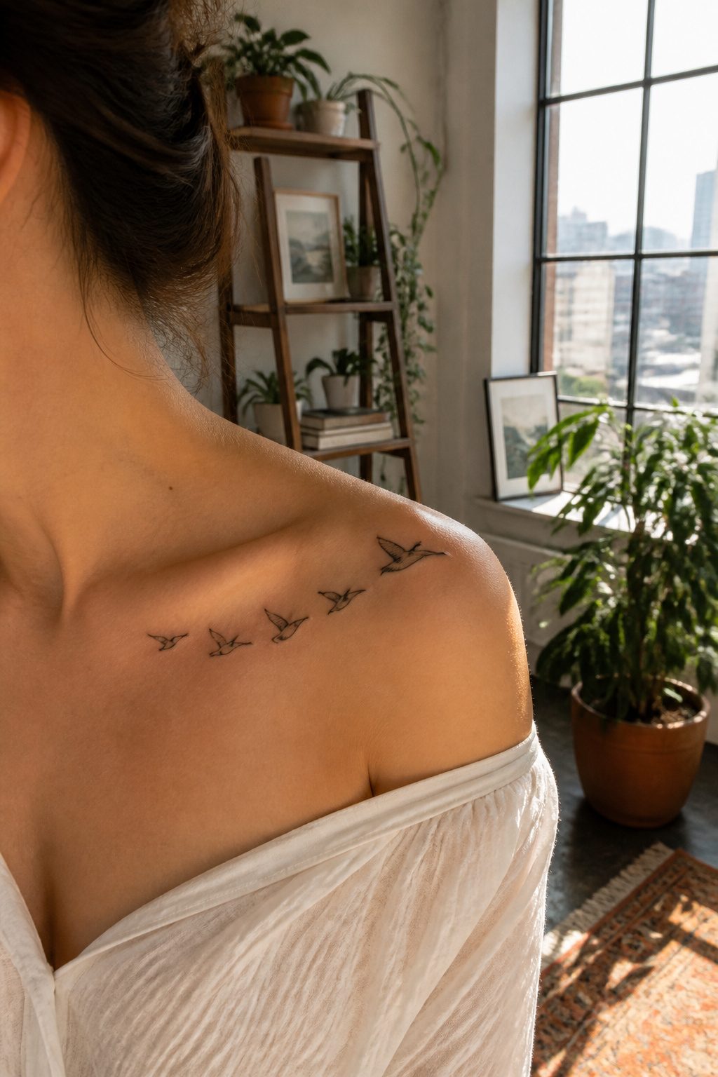 A tattoo of birds in flight along a woman's collarbone.