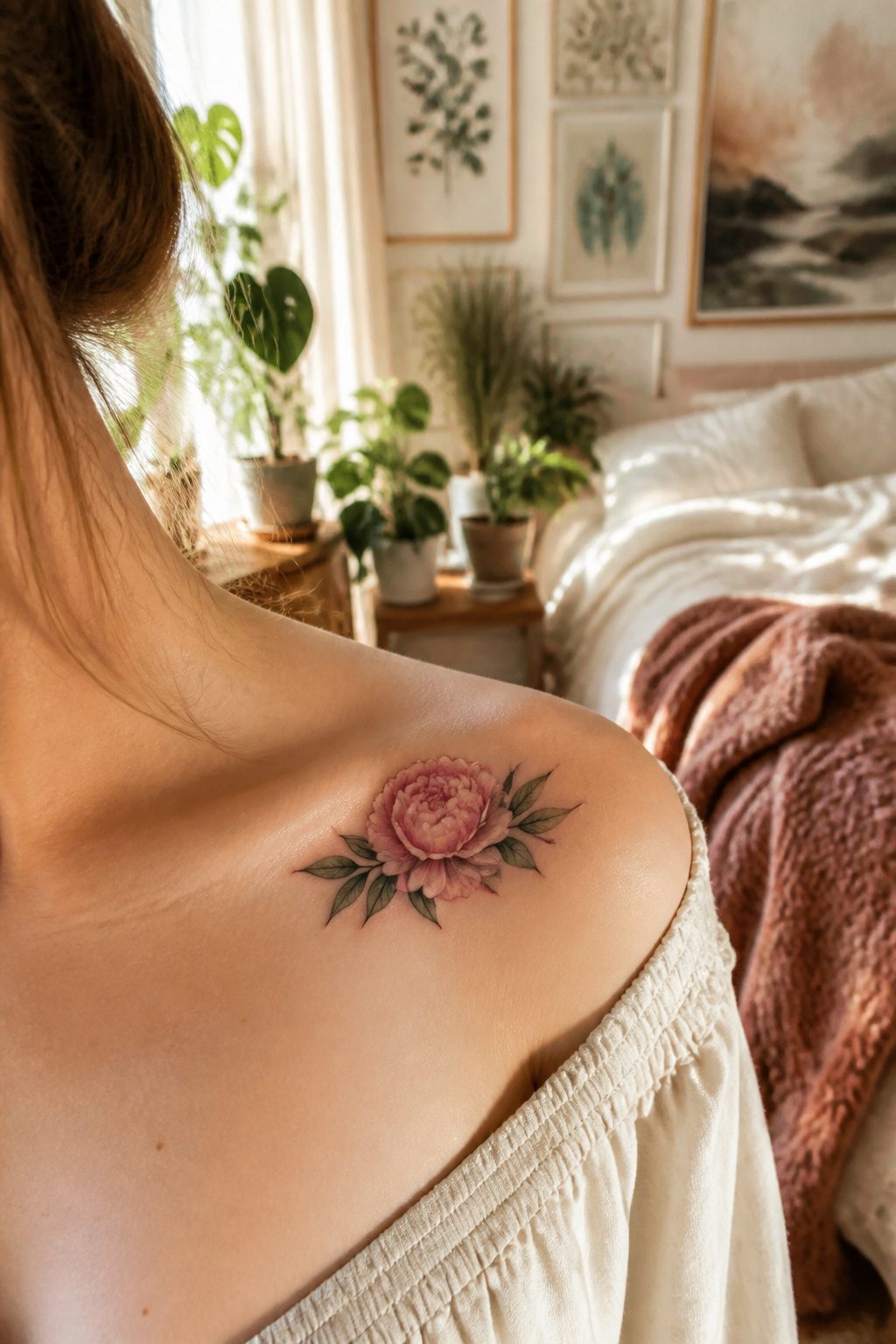 A peony tattoo in soft pinks and greens positioned on a collarbone.