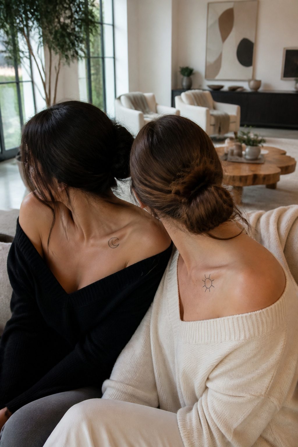 Two matching tattoos symbolizing connection on each collarbone.