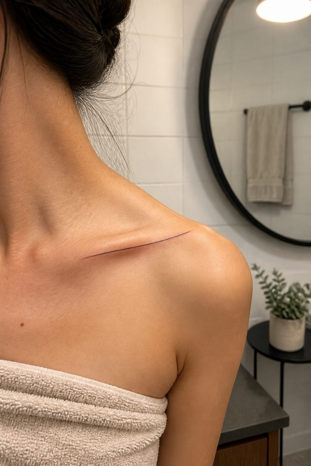 A minimalist tattoo of a clean line traced along the collarbone.