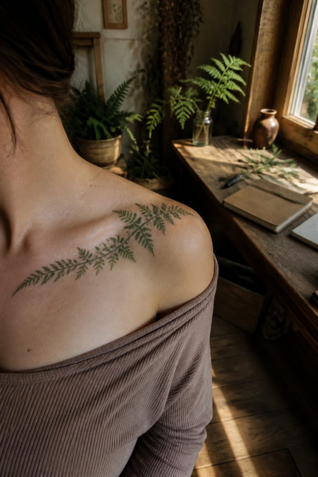 A fern tattoo with intricate details positioned along a collarbone.