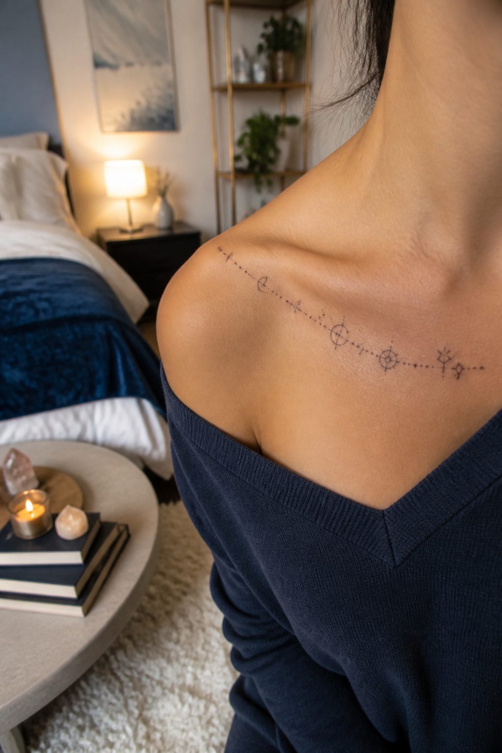 Astrological symbols tattooed delicately on a woman's collarbone.