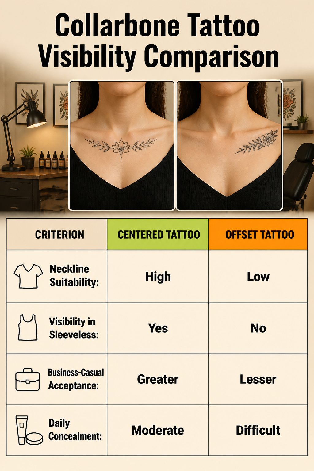 An infographic comparing visibility of collarbone tattoos in different necklines.