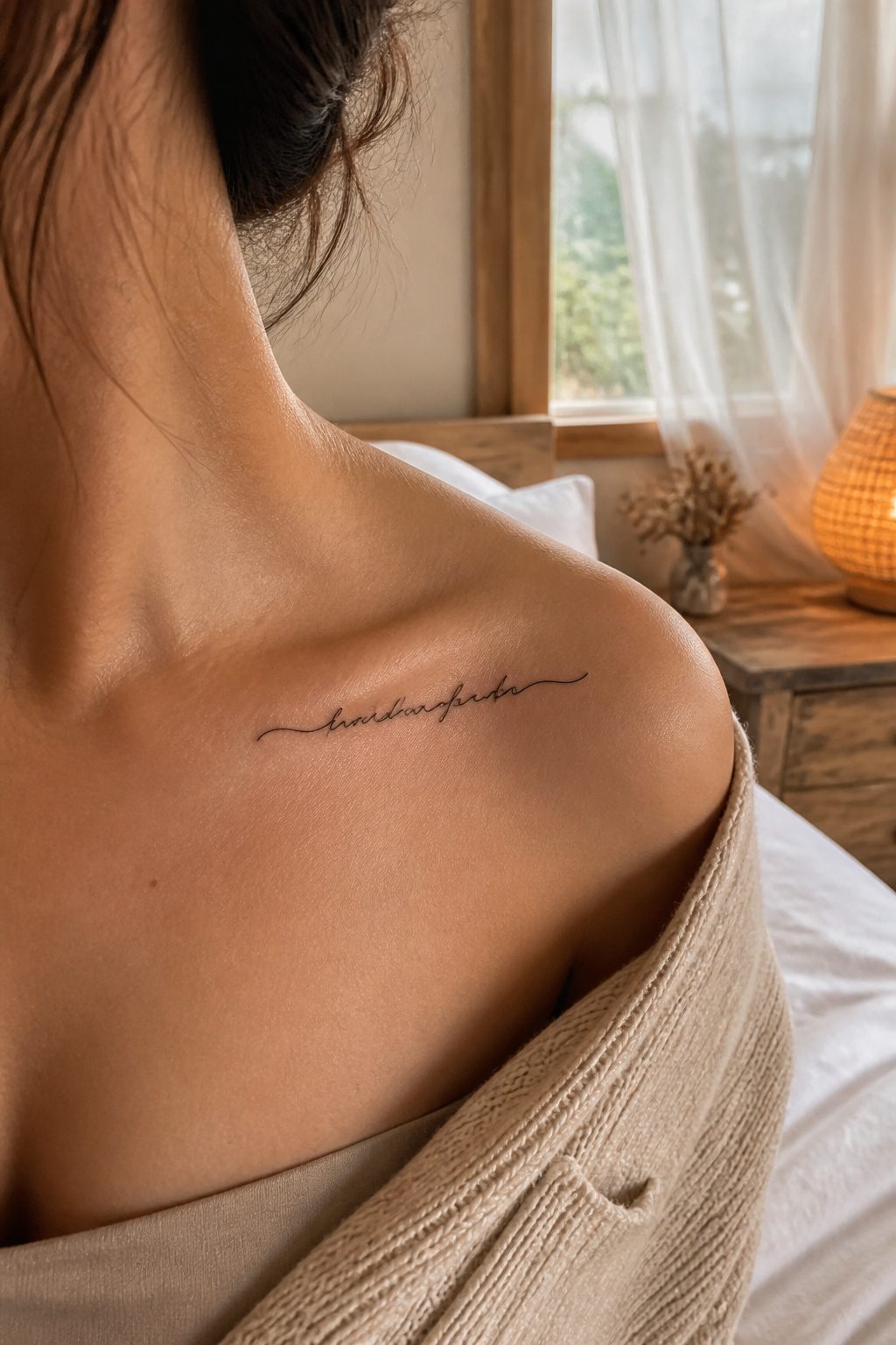 A collarbone tattoo with cursive text inked in charcoal color.