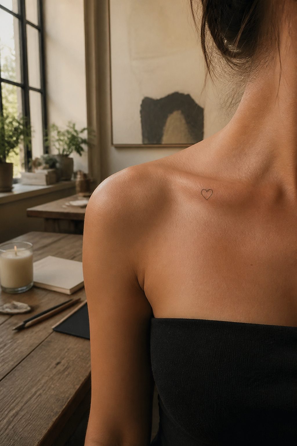 A heart tattoo in fine lines located at the collarbone center.