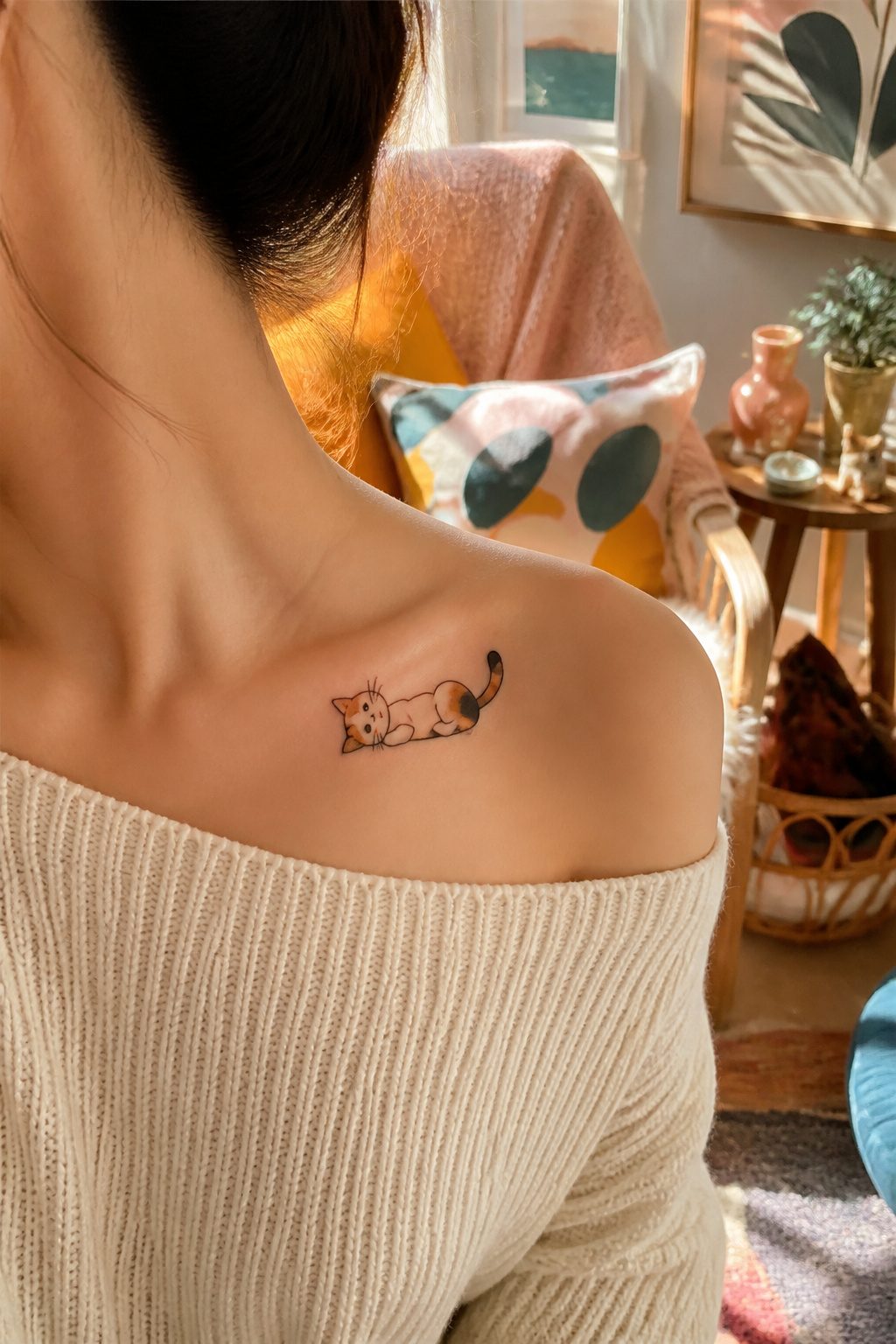 A cartoonish cat tattoo illustrated in vibrant colors on a collarbone.