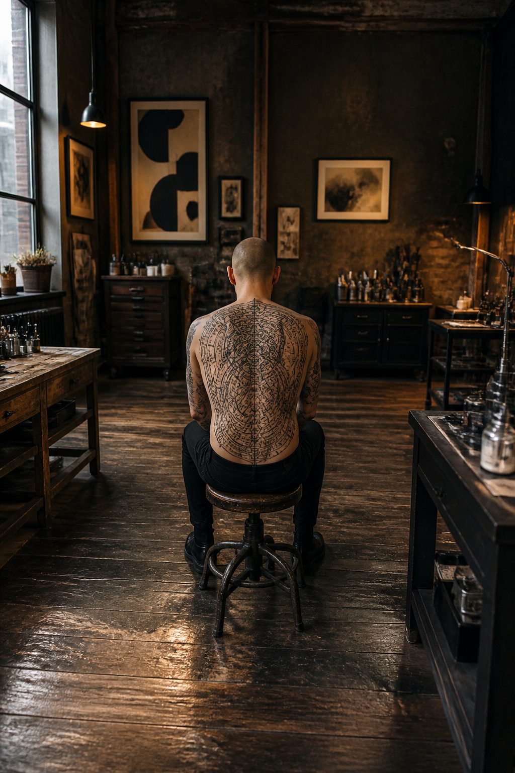 A large cybersigilism tattoo covers the back with intricate designs.
