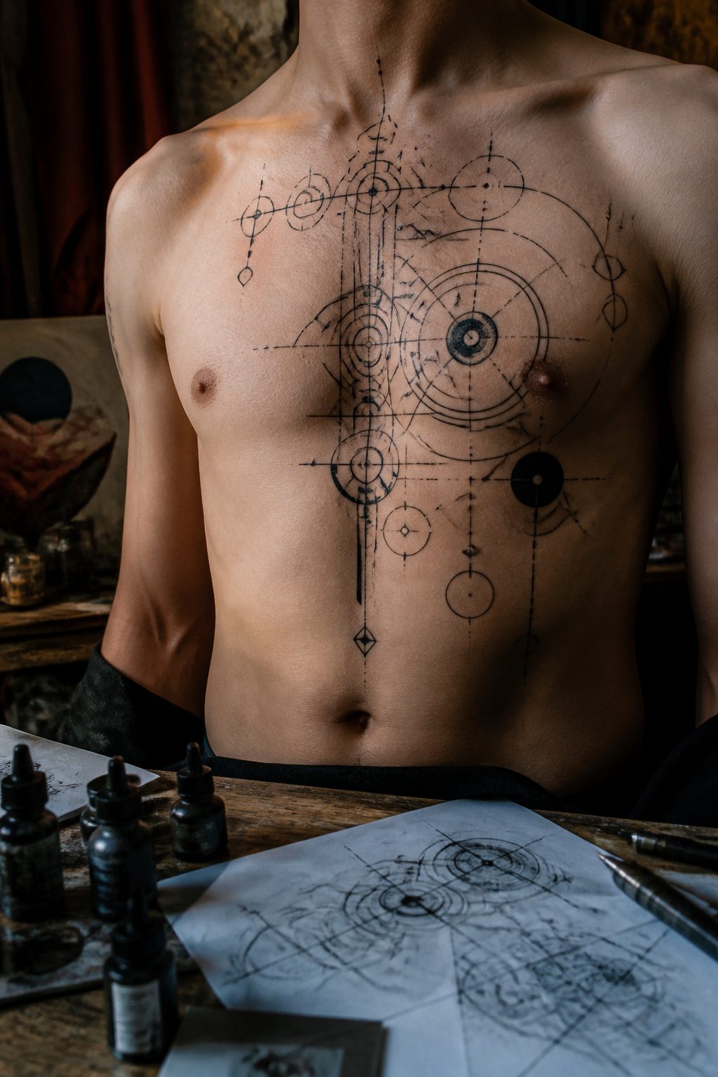 Complex geometric patterns form a tattoo on a chest.