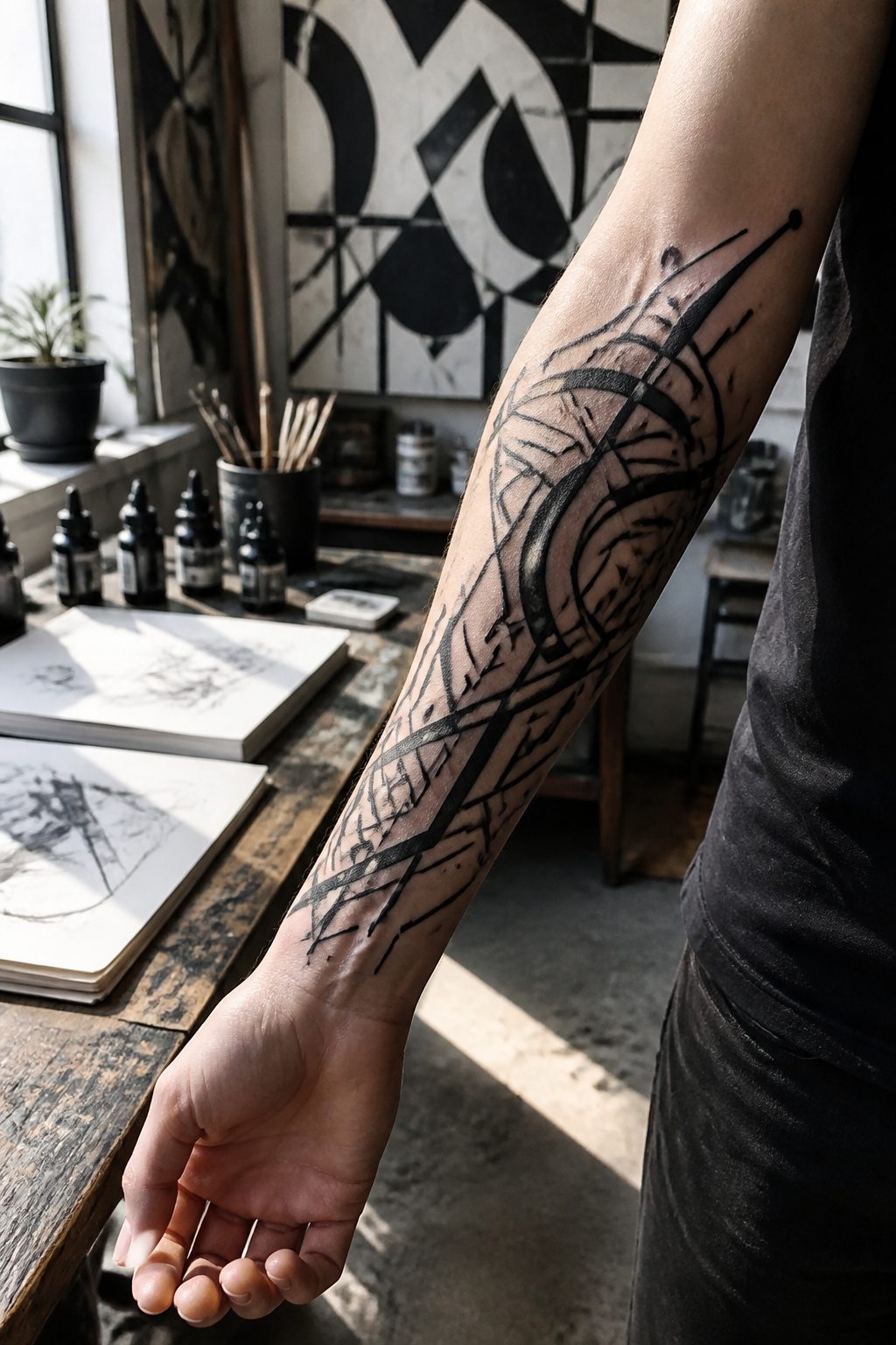 A bold cybersigilism tattoo wraps around the outer forearm.