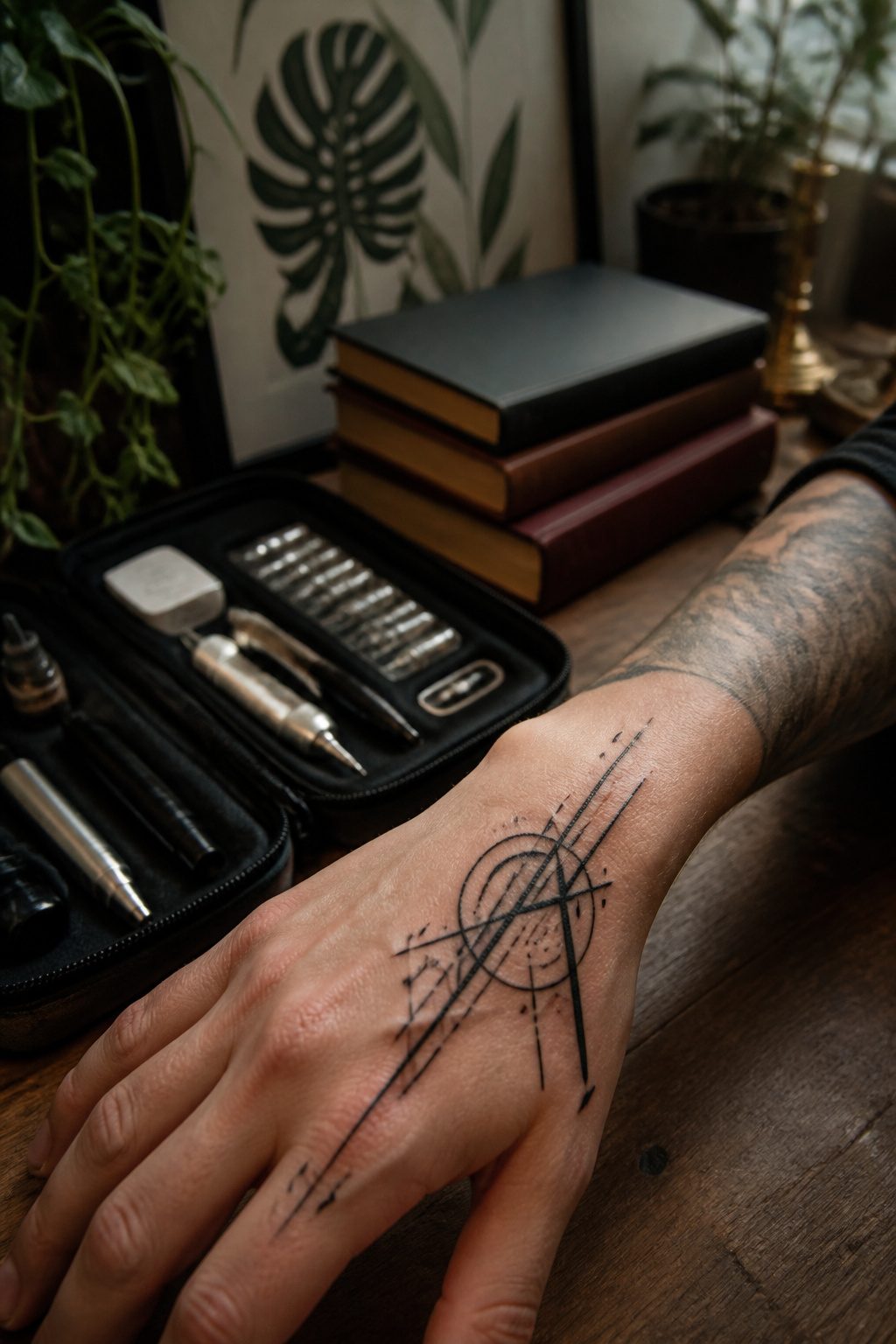 A cybersigilism tattoo on the side of a hand.