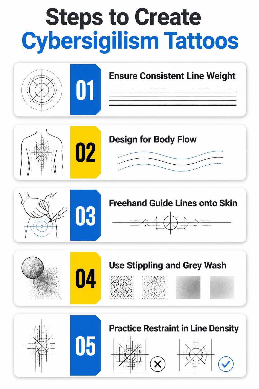 Visual guide showing steps to create cybersigilism tattoos.
