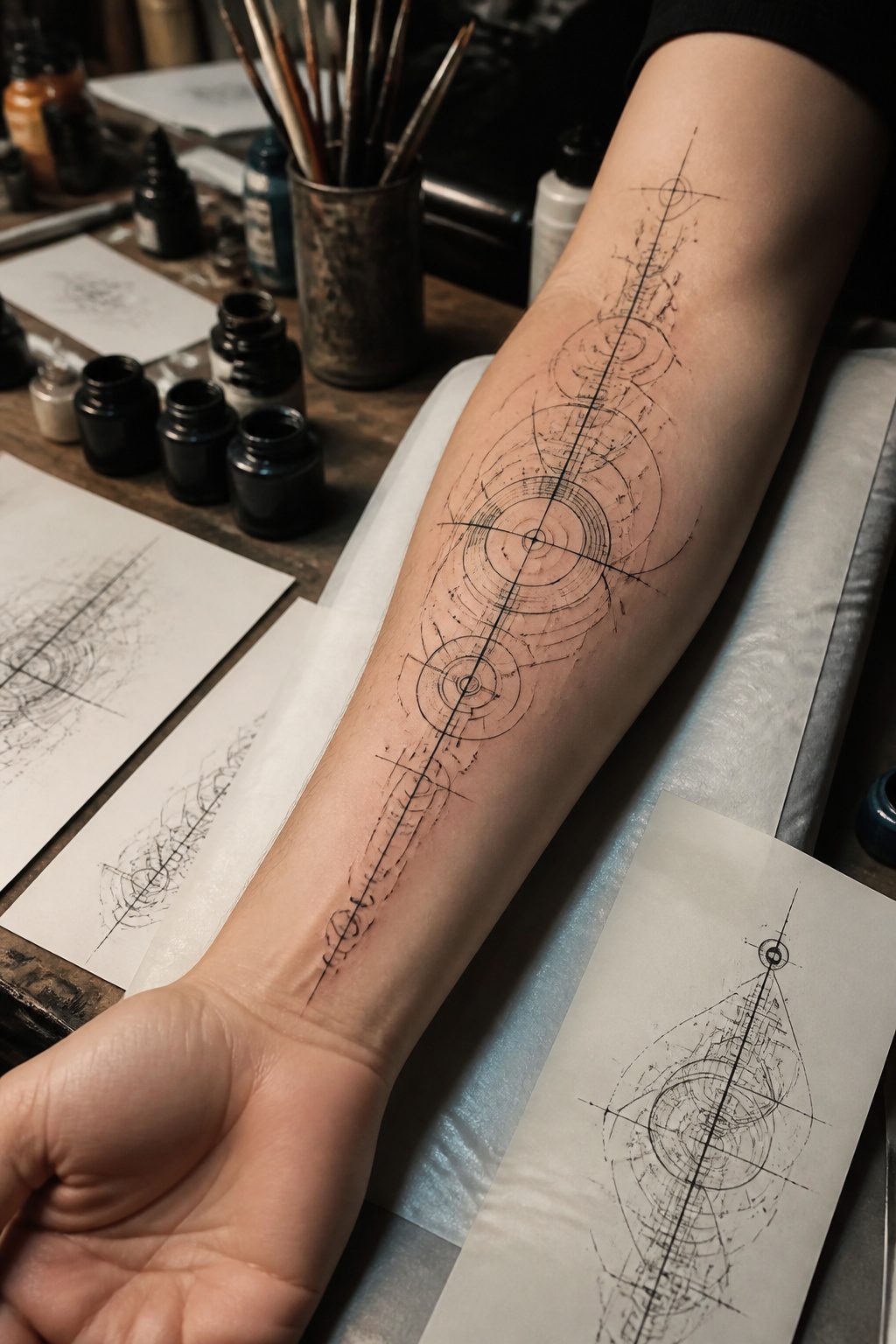 Detailed close-up of a cybersigilism tattoo showing fine linework.