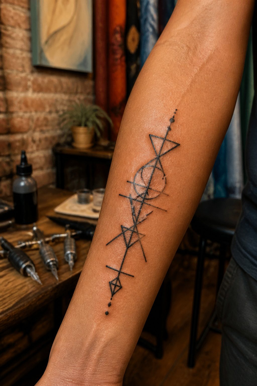 A tattoo of a cyber sigil design on skin.