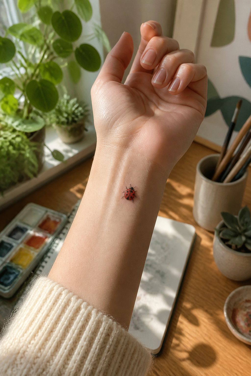 10 Dainty Tattoo Ideas for Women: Butterflies to Geometric Ink 7 Small ladybug tattoo with red shell and black spots on a wrist.