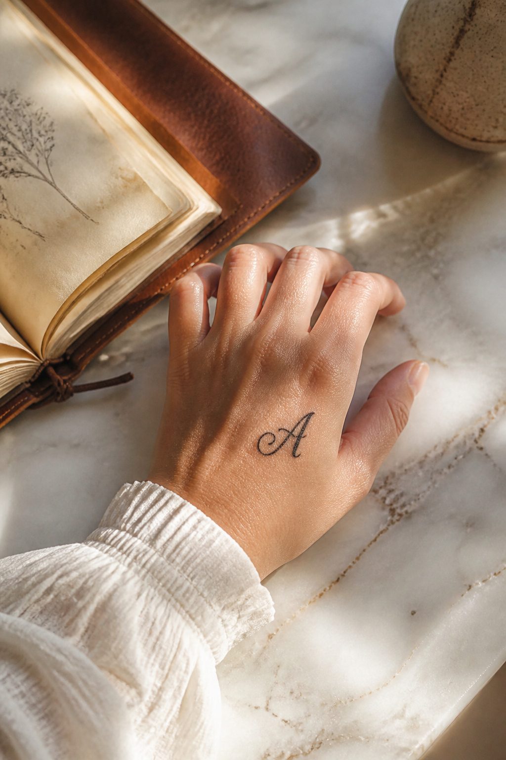 10 Dainty Tattoo Ideas for Women: Butterflies to Geometric Ink 4 Single cursive initial tattoo on the back of a hand.