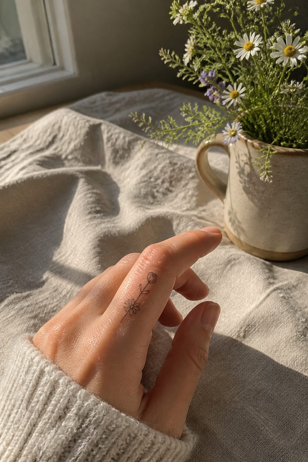 10 Dainty Tattoo Ideas for Women: Butterflies to Geometric Ink 2 Minimalist rosebud and daisy tattoos on the side of a finger.