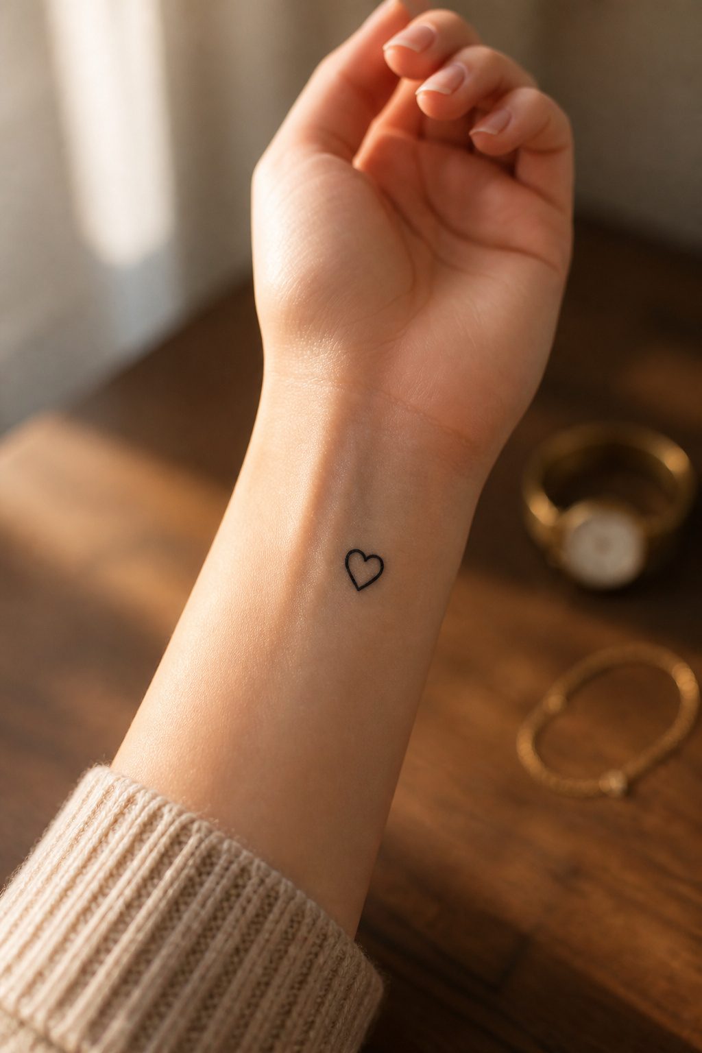 10 Dainty Tattoo Ideas for Women: Butterflies to Geometric Ink 3 Tiny heart tattoo outlined in fine black ink on a wrist.