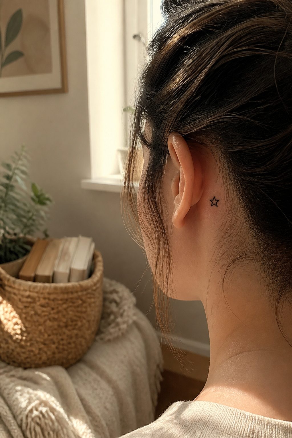 10 Dainty Tattoo Ideas for Women: Butterflies to Geometric Ink 5 Small star tattoo in black ink located behind an ear.