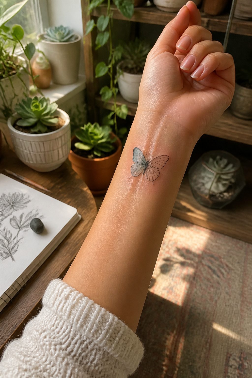 10 Dainty Tattoo Ideas for Women: Butterflies to Geometric Ink 1 Tiny butterfly tattoo with one wing filled in pastel blue.