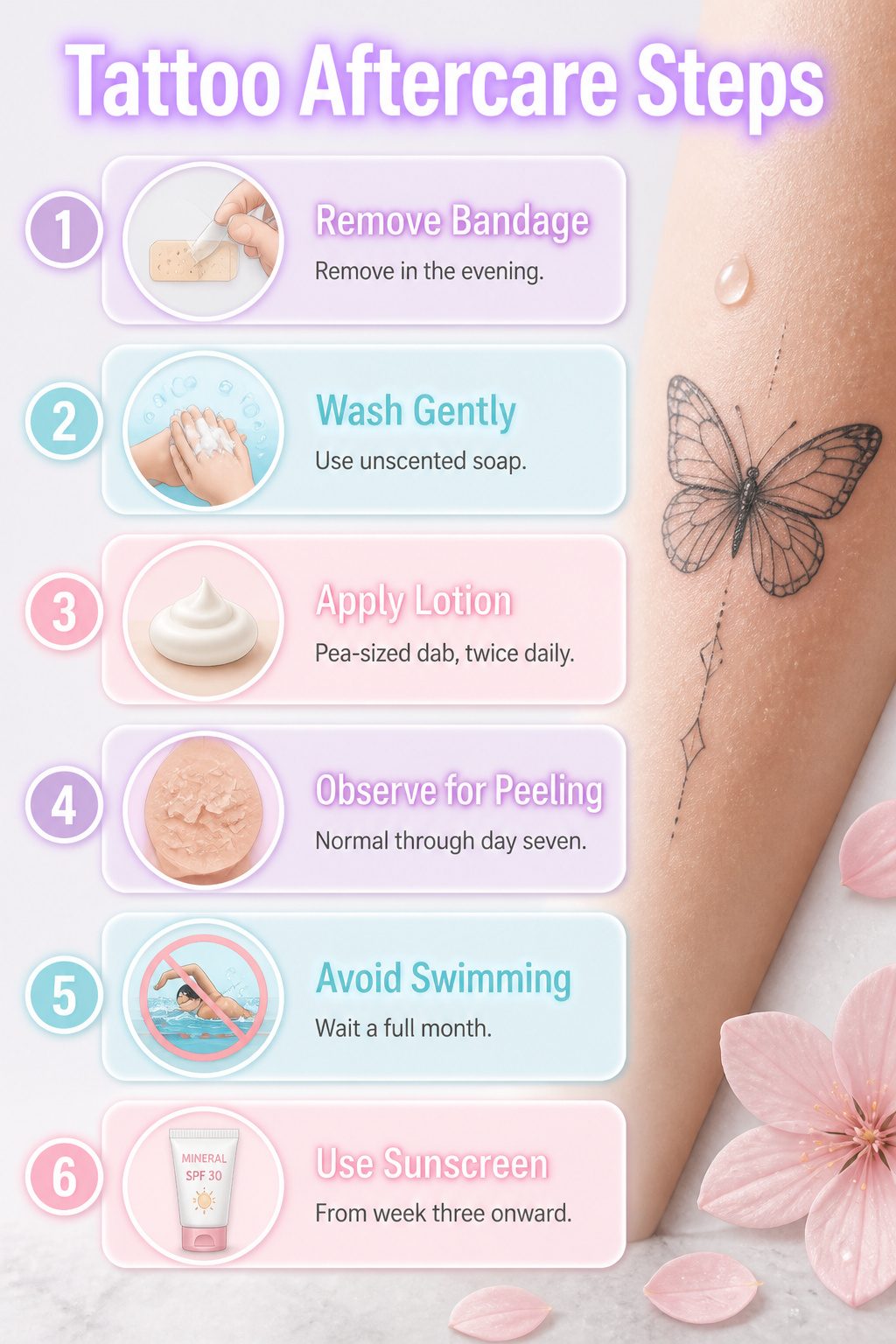 10 Dainty Tattoo Ideas for Women: Butterflies to Geometric Ink 12 Instructions for tattoo aftercare displayed visually.