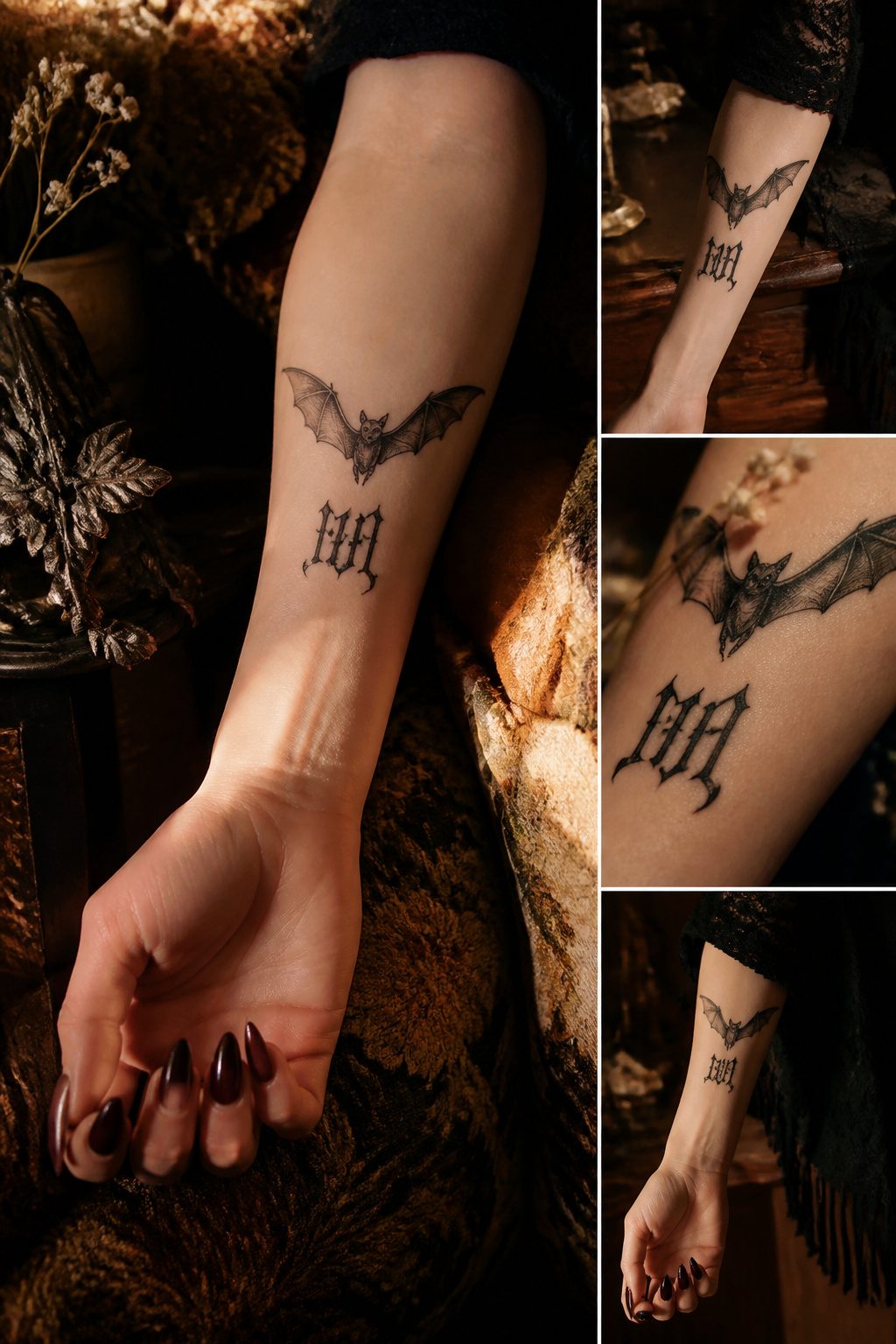 A bat tattoo accompanied by the word 'lust' in script.