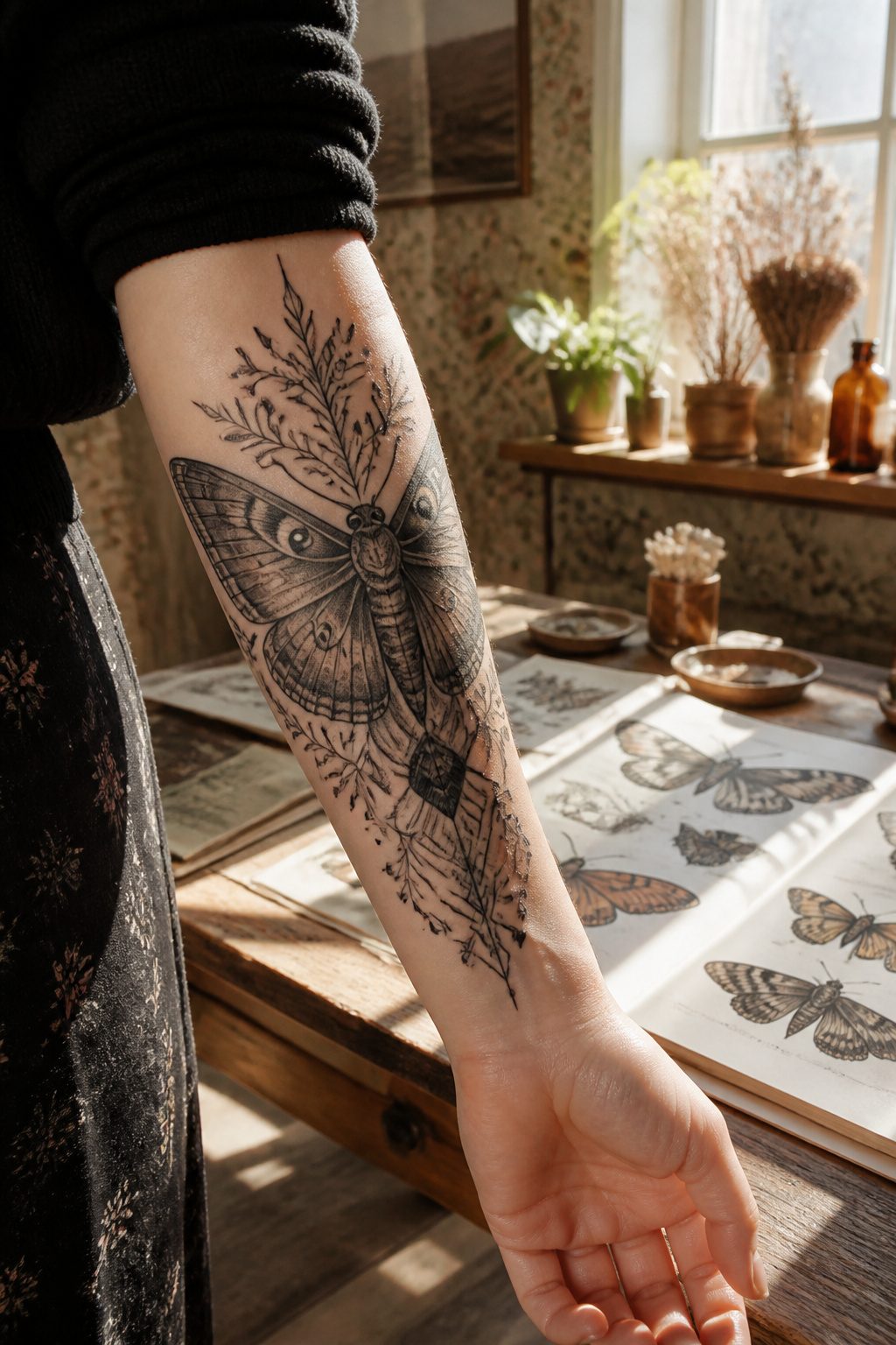 A detailed moth tattoo displayed prominently on a model's forearm.