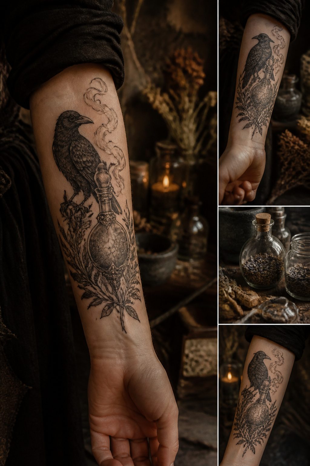 A tattoo of a bird next to a potion bottle.