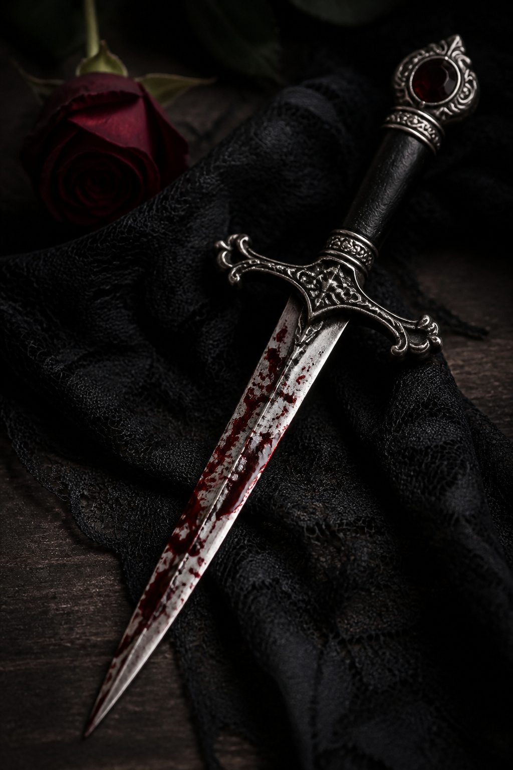 A tattoo of a dagger with red drops of blood.