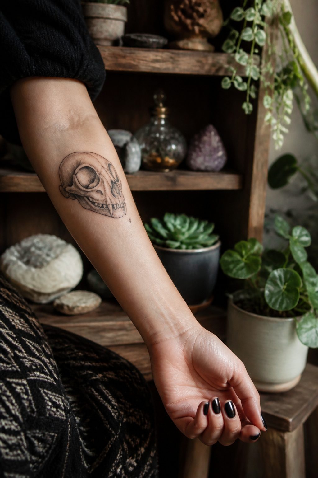 A cat skull tattoo on a model's inner forearm.
