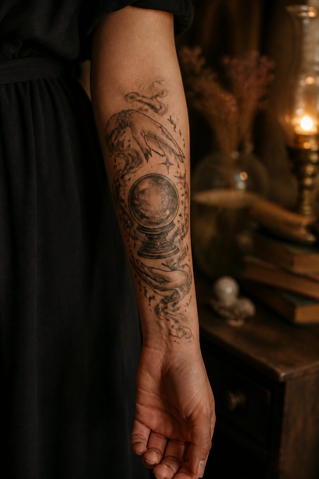 A tattoo of a crystal ball held in hands.