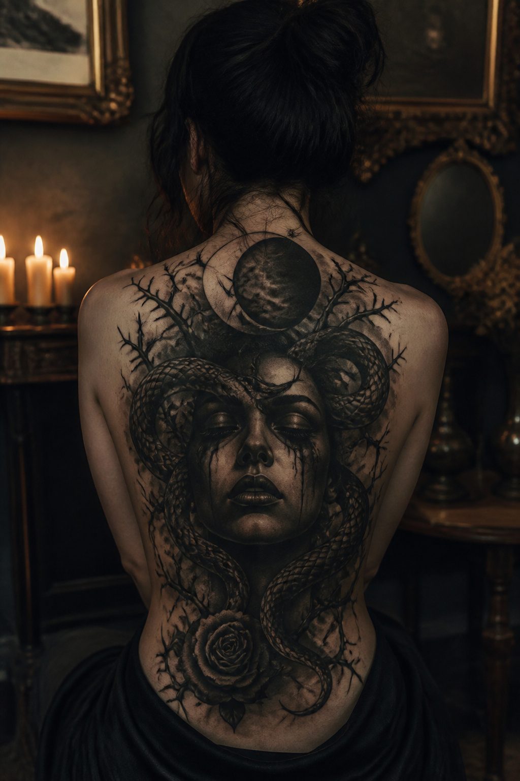 A dark feminine portrait tattoo with heavy shading.