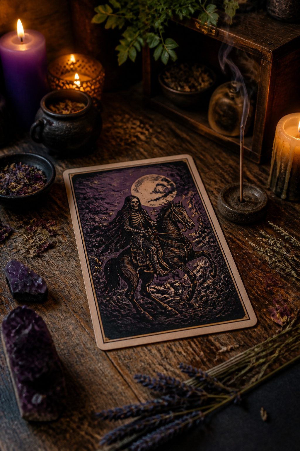 A Death tarot card featuring a skeletal rider and swirling clouds.