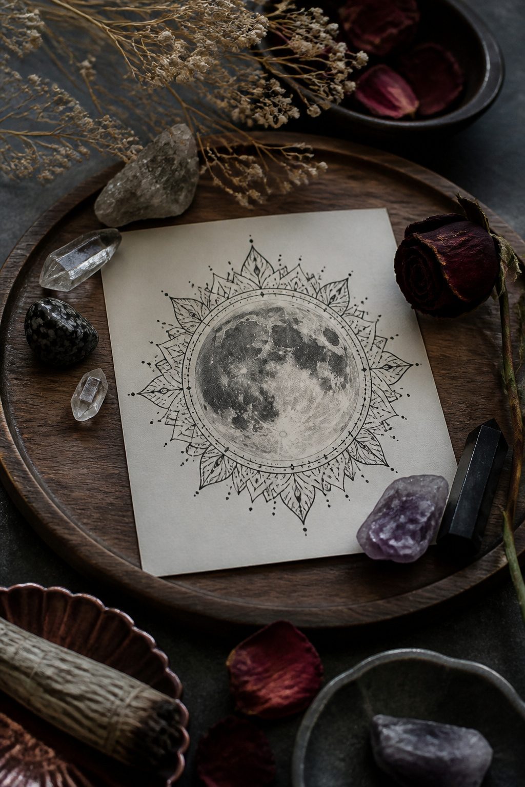 A full moon mandala tattoo featuring intricate geometric patterns.